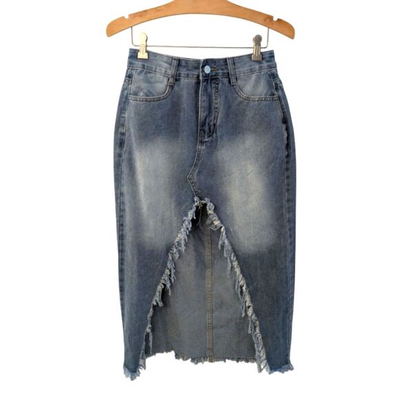 Distressed Denim Midi Skirt Raw Edge High Slit Small - Picture 1 of 8